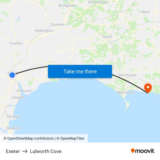 Exeter to Lulworth Cove map