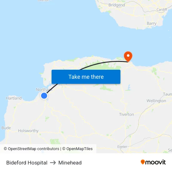 Bideford Hospital to Minehead map