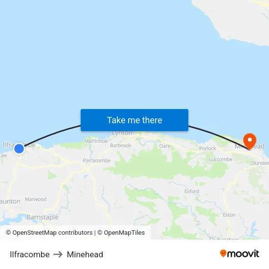 Ilfracombe to Minehead map