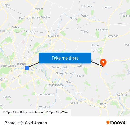 Bristol to Cold Ashton map