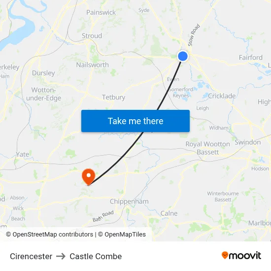 Cirencester to Castle Combe map