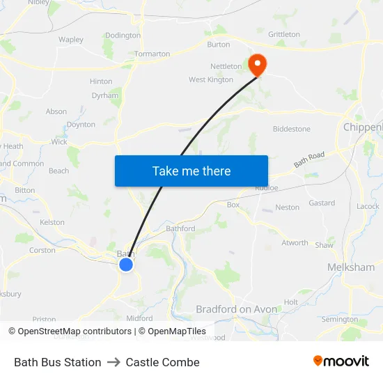 Bath Bus Station to Castle Combe map
