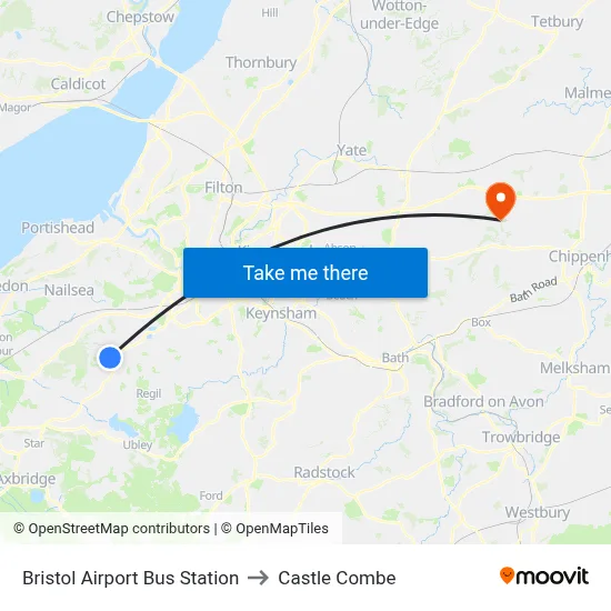 Bristol Airport Bus Station to Castle Combe map
