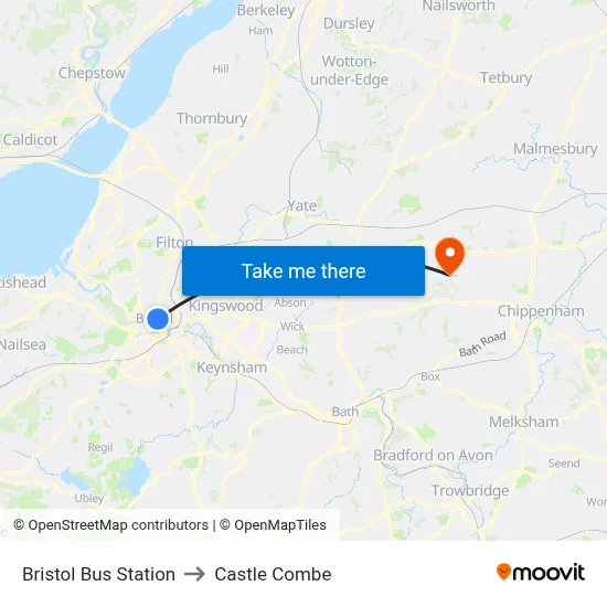 Bristol Bus Station to Castle Combe map