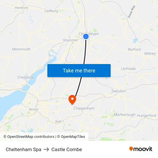 Cheltenham Spa to Castle Combe map