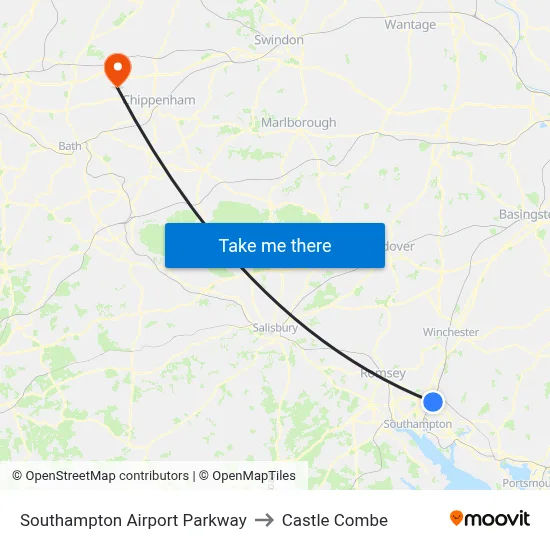 Southampton Airport Parkway to Castle Combe map