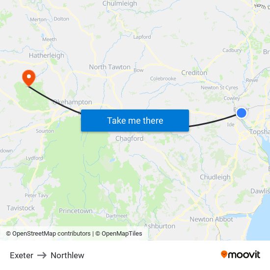 Exeter to Northlew map