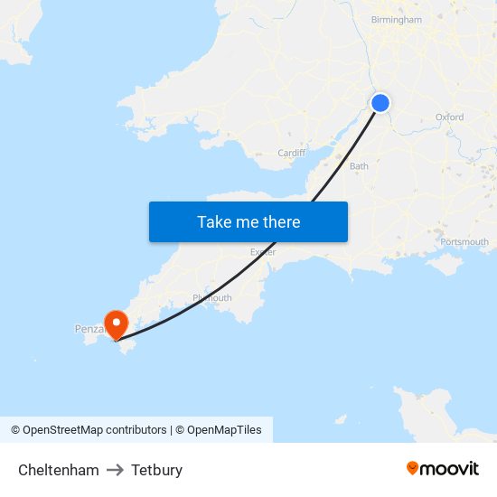 Cheltenham to Tetbury map