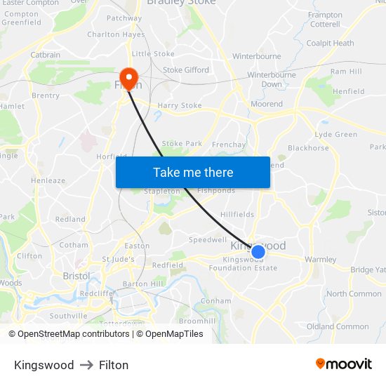 Kingswood to Filton map