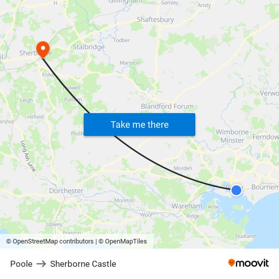 Poole to Sherborne Castle map