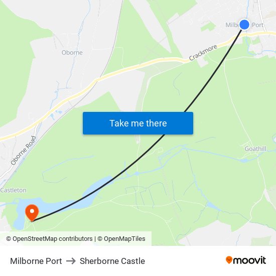 Milborne Port to Sherborne Castle map