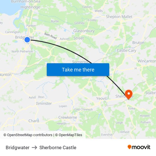 Bridgwater to Sherborne Castle map