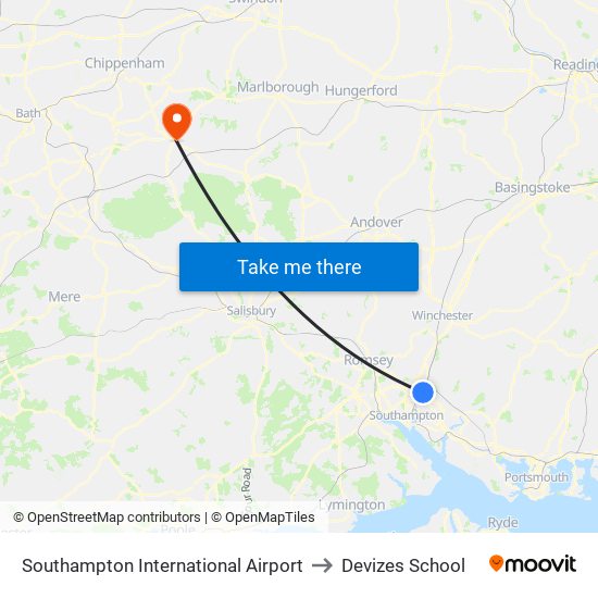 Southampton International Airport to Devizes School map