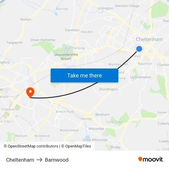 Cheltenham to Barnwood map