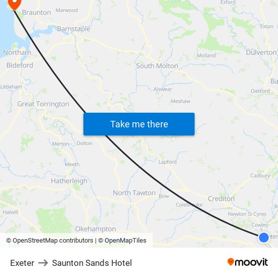 Exeter to Saunton Sands Hotel map