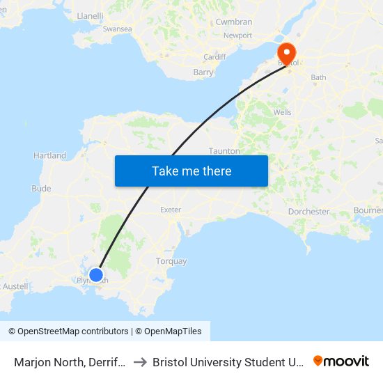 Marjon North, Derriford to Bristol University Student Union map