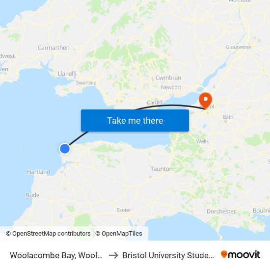 Woolacombe Bay, Woolacombe to Bristol University Student Union map