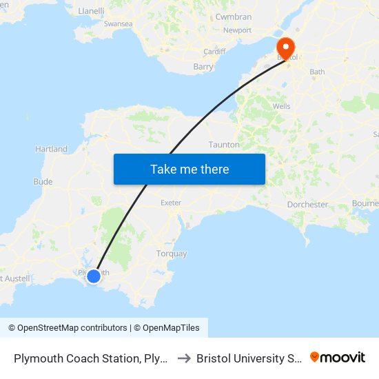 Plymouth Coach Station, Plymouth City Centre to Bristol University Student Union map