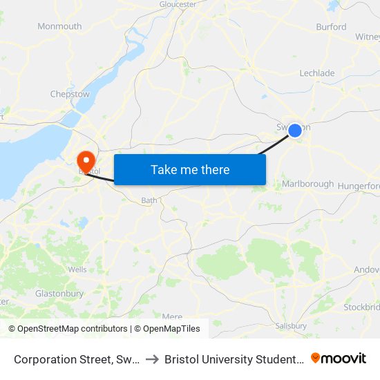 Corporation Street, Swindon to Bristol University Student Union map