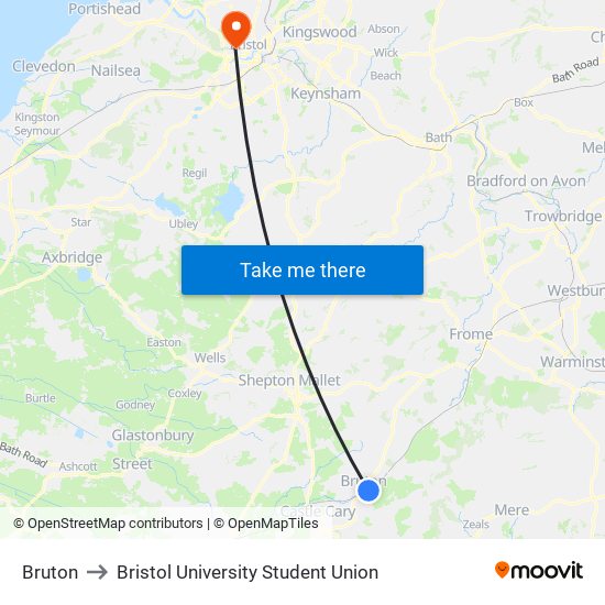 Bruton to Bristol University Student Union map