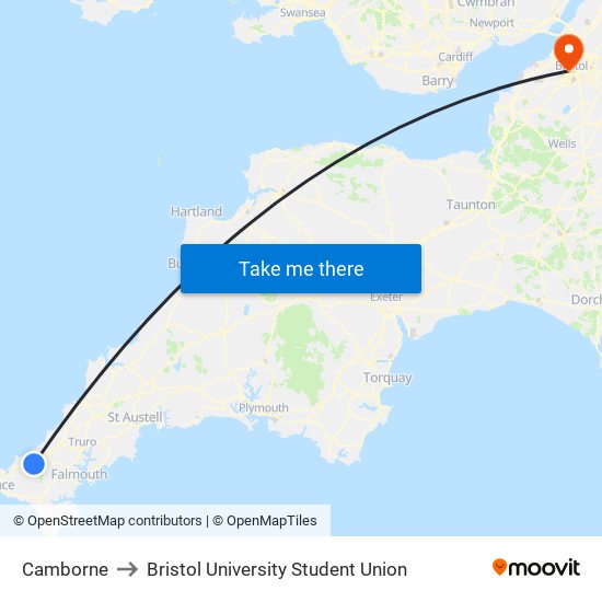 Camborne to Bristol University Student Union map
