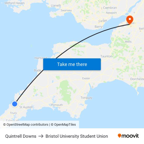 Quintrell Downs to Bristol University Student Union map