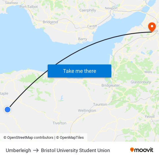 Umberleigh to Bristol University Student Union map