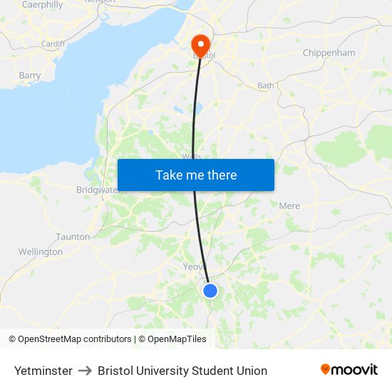 Yetminster to Bristol University Student Union map