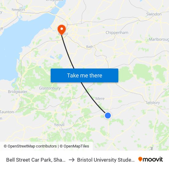 Bell Street Car Park, Shaftesbury to Bristol University Student Union map