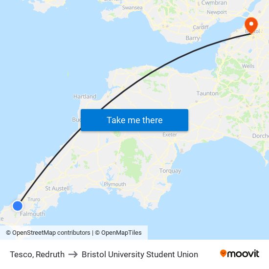 Tesco, Redruth to Bristol University Student Union map