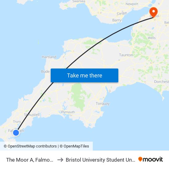 The Moor A, Falmouth to Bristol University Student Union map