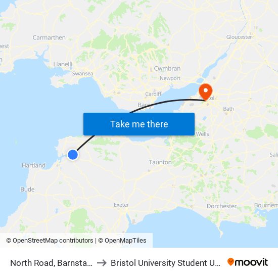 North Road, Barnstaple to Bristol University Student Union map