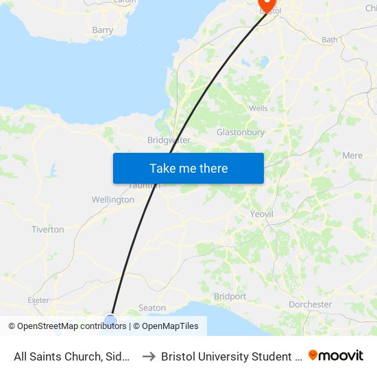 All Saints Church, Sidmouth to Bristol University Student Union map