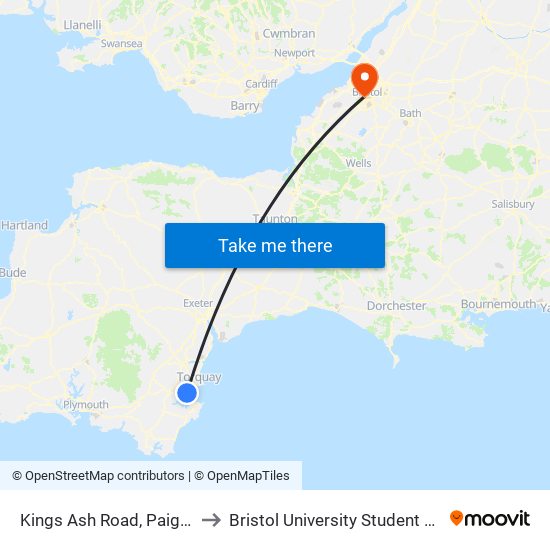 Kings Ash Road, Paignton to Bristol University Student Union map