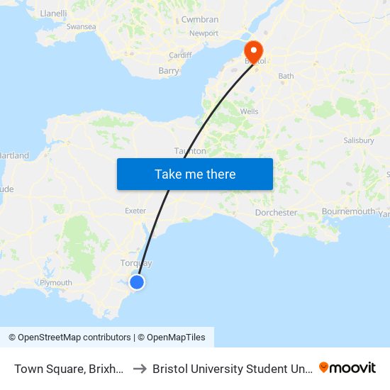 Town Square, Brixham to Bristol University Student Union map