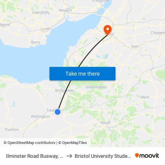 Ilminster Road Busway, Taunton to Bristol University Student Union map