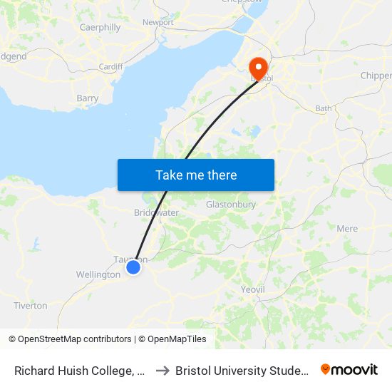 Richard Huish College, Taunton to Bristol University Student Union map