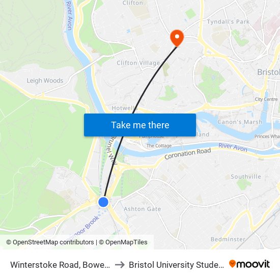 Winterstoke Road, Bower Ashton to Bristol University Student Union map