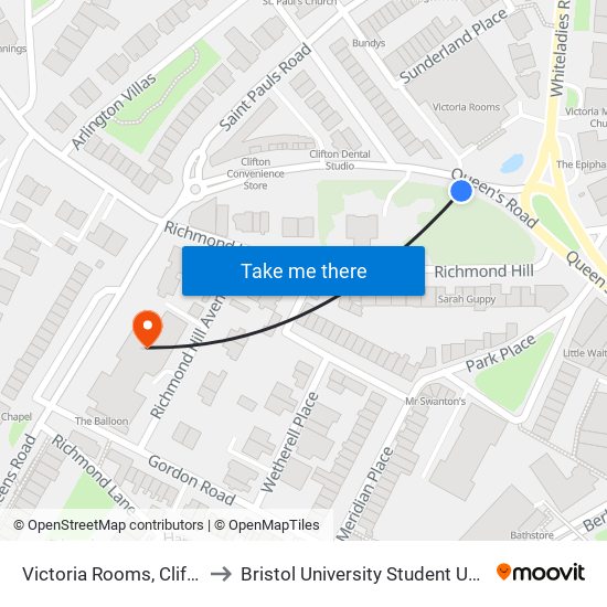 Victoria Rooms, Clifton to Bristol University Student Union map