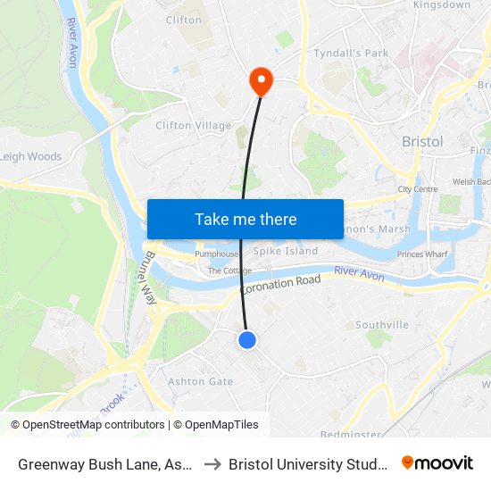 Greenway Bush Lane, Ashton Gate to Bristol University Student Union map