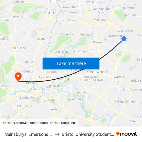 Sainsburys, Emersons Green to Bristol University Student Union map