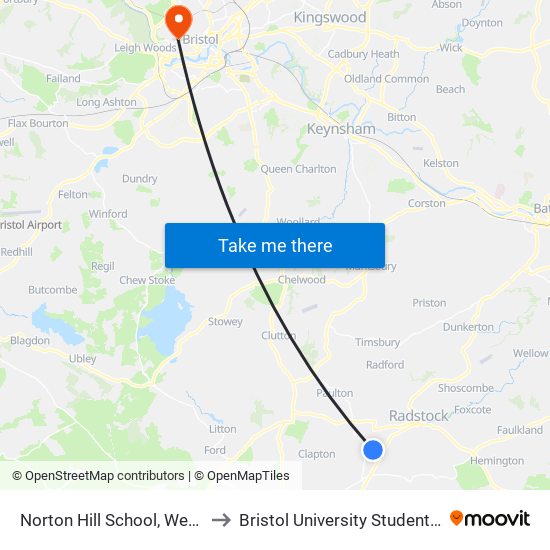 Norton Hill School, Westfield to Bristol University Student Union map