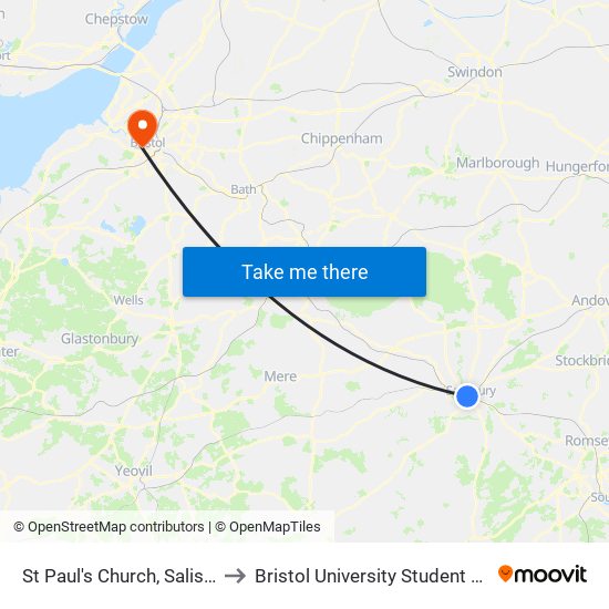 St Paul's Church, Salisbury to Bristol University Student Union map