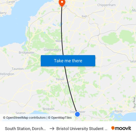 South Station, Dorchester to Bristol University Student Union map