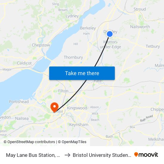 May Lane Bus Station, Dursley to Bristol University Student Union map