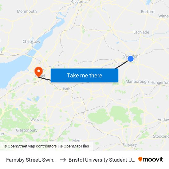 Farnsby Street, Swindon to Bristol University Student Union map