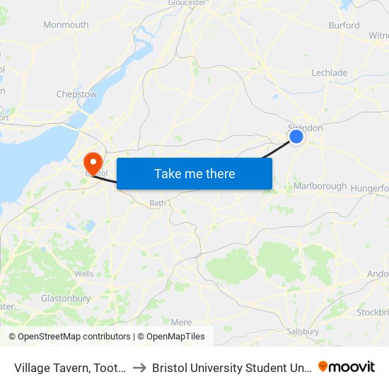 Village Tavern, Toothill to Bristol University Student Union map