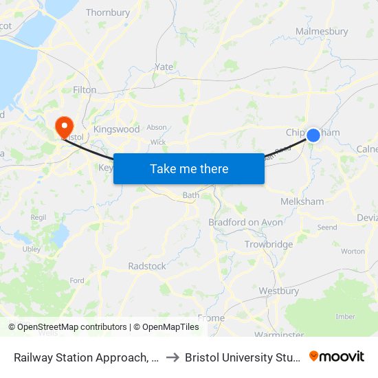 Railway Station Approach, Chippenham to Bristol University Student Union map