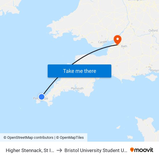 Higher Stennack, St Ives to Bristol University Student Union map