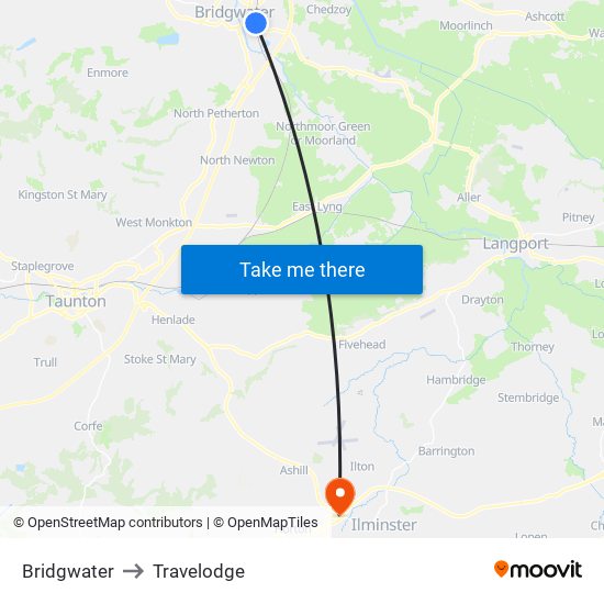 Bridgwater to Travelodge map